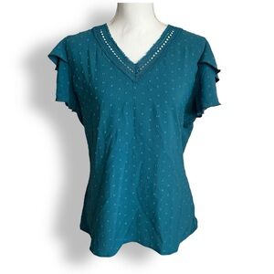Blue flutter sleeve textured top L